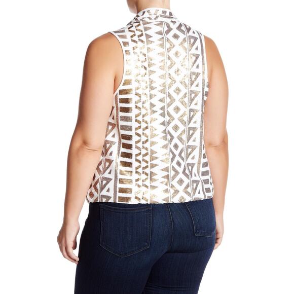 Tart Open Front Sequin Vest Geometric White Multi Graphic Sequin 3X - Picture 2 of 8